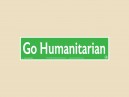 JR708  Starshine Arts "Go Humanitarian"  Mini Bumper Sticker